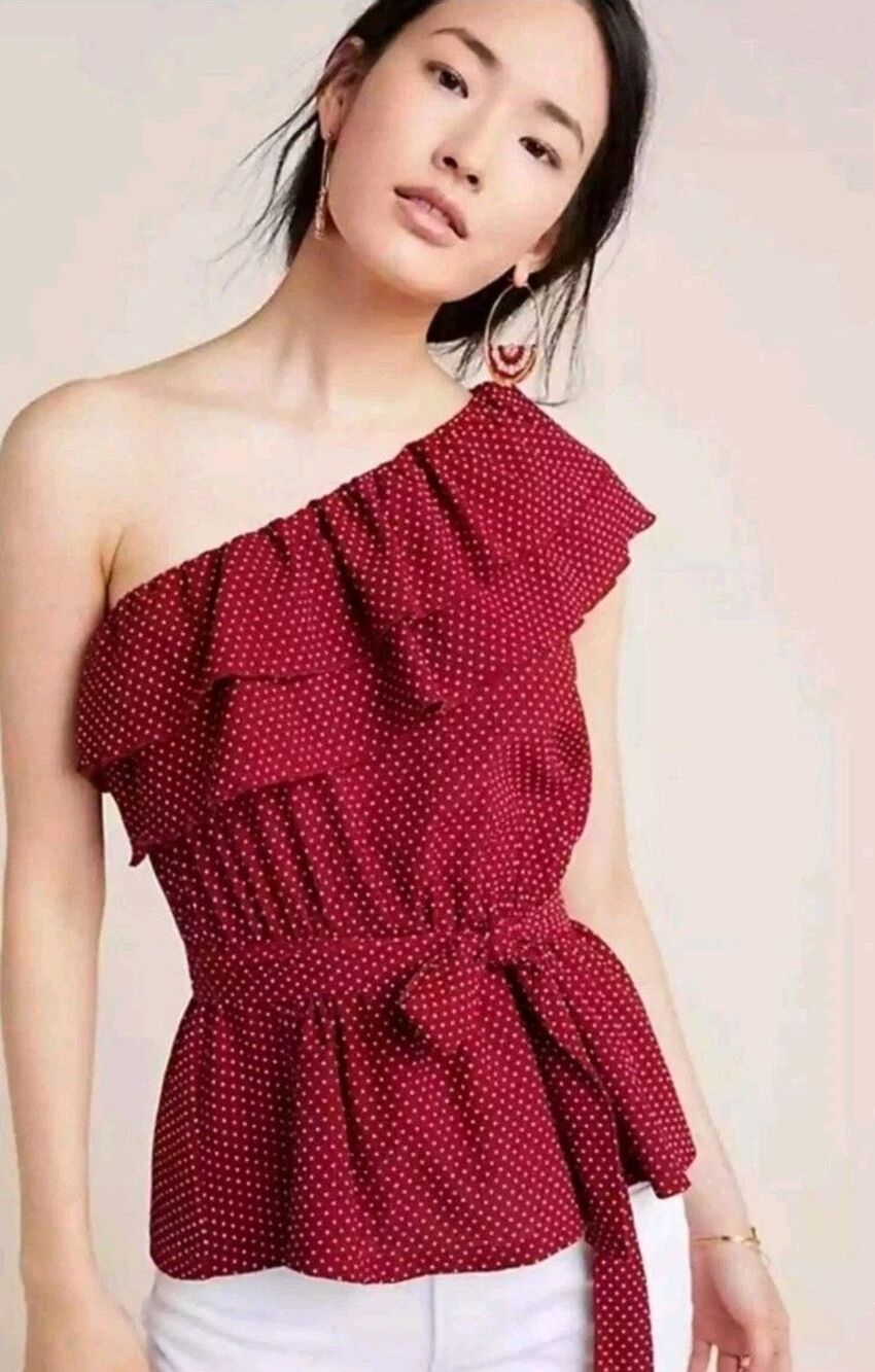 NWT Anthropologie Maeve Rita Ruffled One Shoulder Top Textured Petite XS